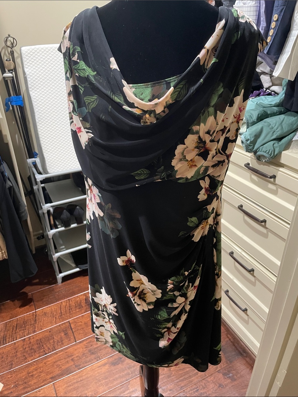 Lauren Ralph Lauren Black Floral Cowl Dress (16W) with Cream & Green Blooms